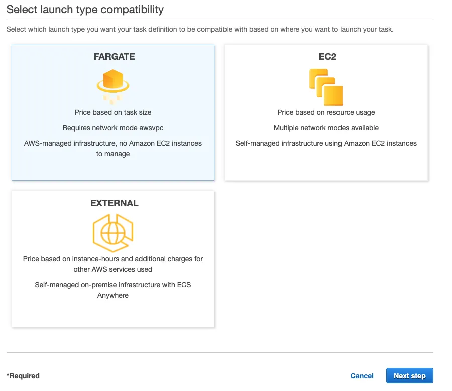 AWS ECS task definition launch type selection
